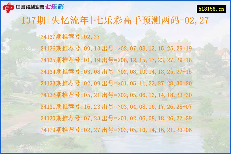 137期[失忆流年]七乐彩高手预测两码=02,27