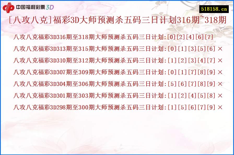 [八攻八克]福彩3D大师预测杀五码三日计划316期~318期