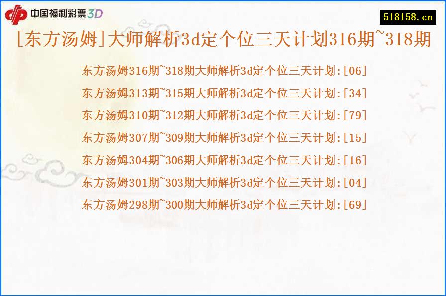 [东方汤姆]大师解析3d定个位三天计划316期~318期