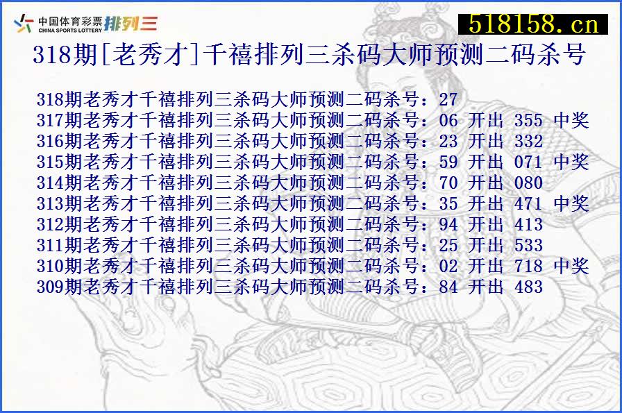 318期[老秀才]千禧排列三杀码大师预测二码杀号