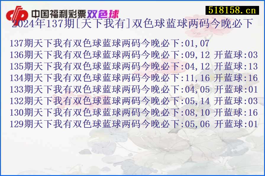 2024年137期[天下我有]双色球蓝球两码今晚必下