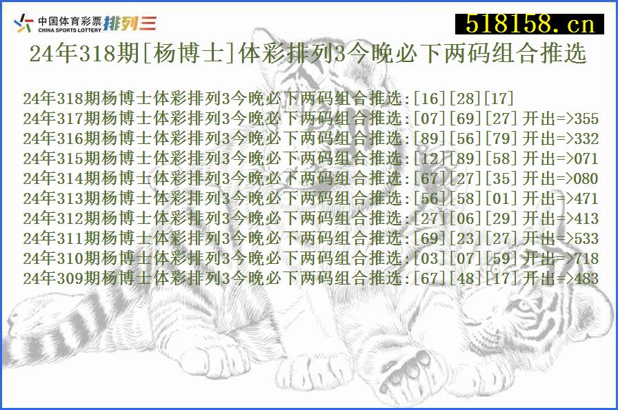 24年318期[杨博士]体彩排列3今晚必下两码组合推选