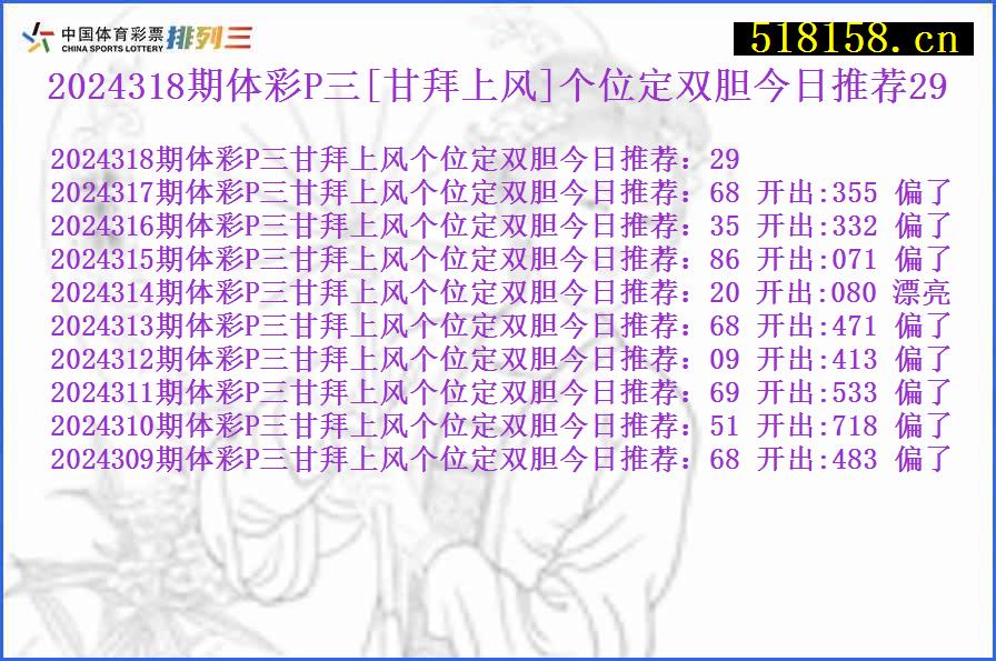2024318期体彩P三[甘拜上风]个位定双胆今日推荐29