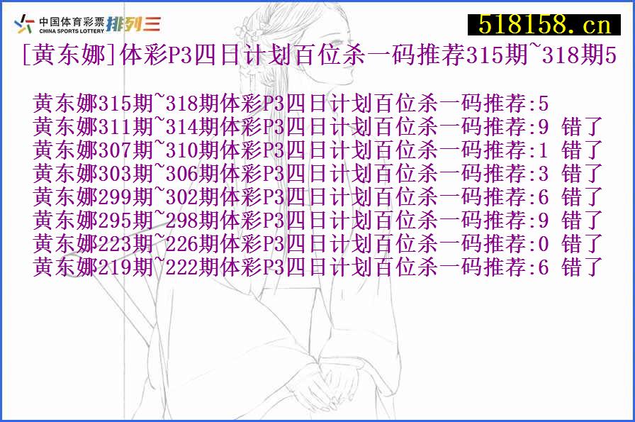 [黄东娜]体彩P3四日计划百位杀一码推荐315期~318期5