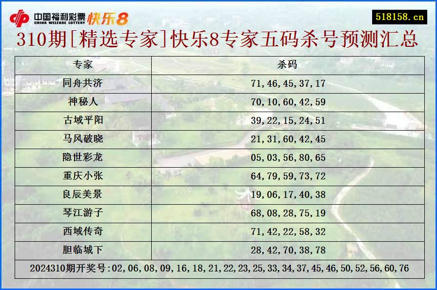 310期[精选专家]快乐8专家五码杀号预测汇总