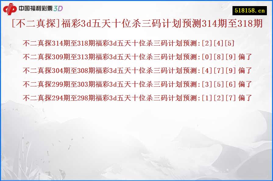 [不二真探]福彩3d五天十位杀三码计划预测314期至318期