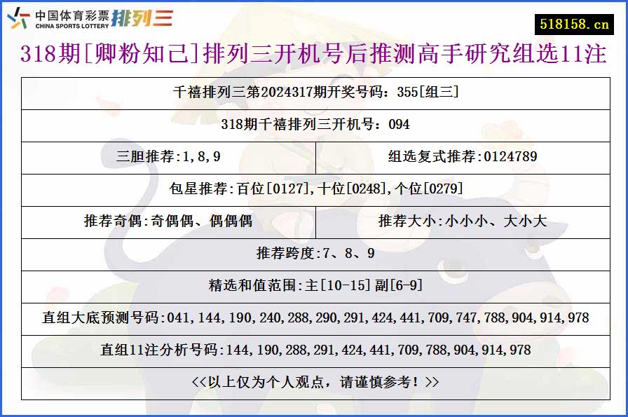 318期[卿粉知己]排列三开机号后推测高手研究组选11注