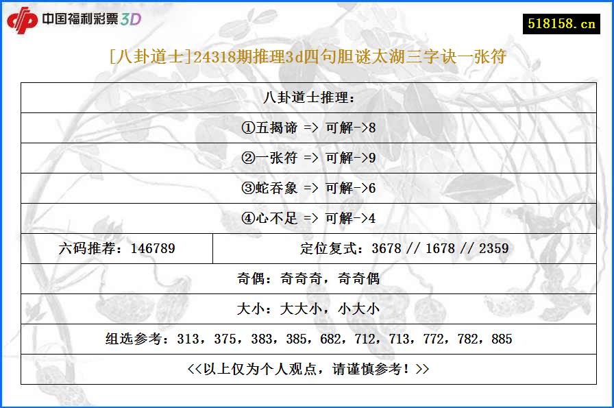 [八卦道士]24318期推理3d四句胆谜太湖三字诀一张符