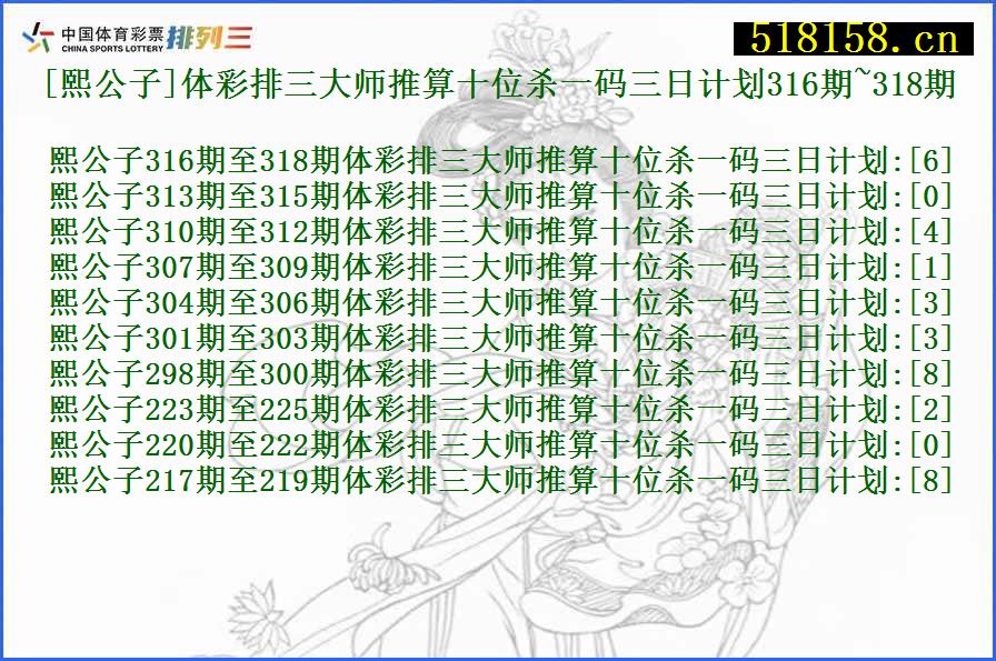 [熙公子]体彩排三大师推算十位杀一码三日计划316期~318期