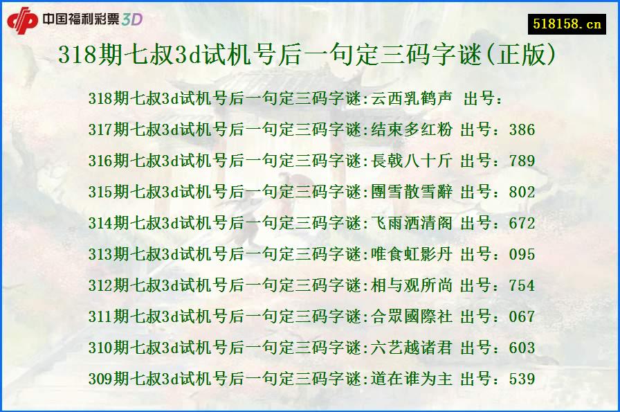 318期七叔3d试机号后一句定三码字谜(正版)