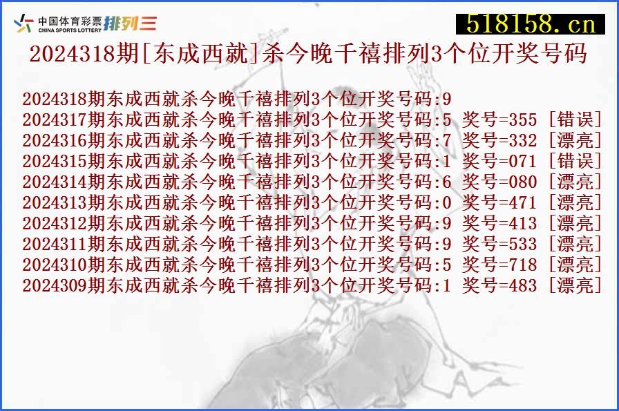 2024318期[东成西就]杀今晚千禧排列3个位开奖号码