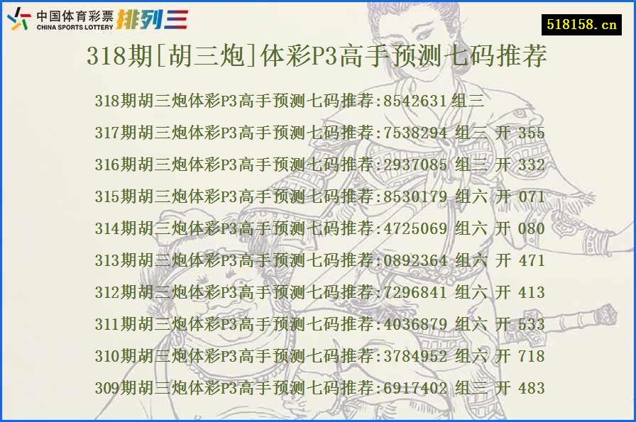 318期[胡三炮]体彩P3高手预测七码推荐