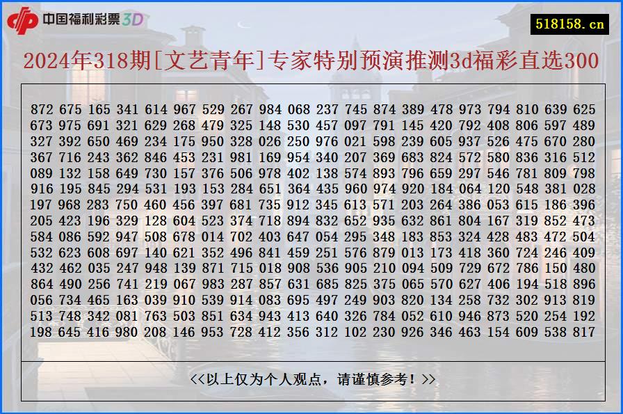 2024年318期[文艺青年]专家特别预演推测3d福彩直选300