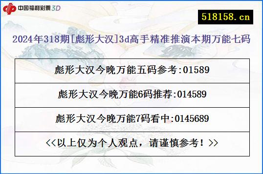 2024年318期[彪形大汉]3d高手精准推演本期万能七码