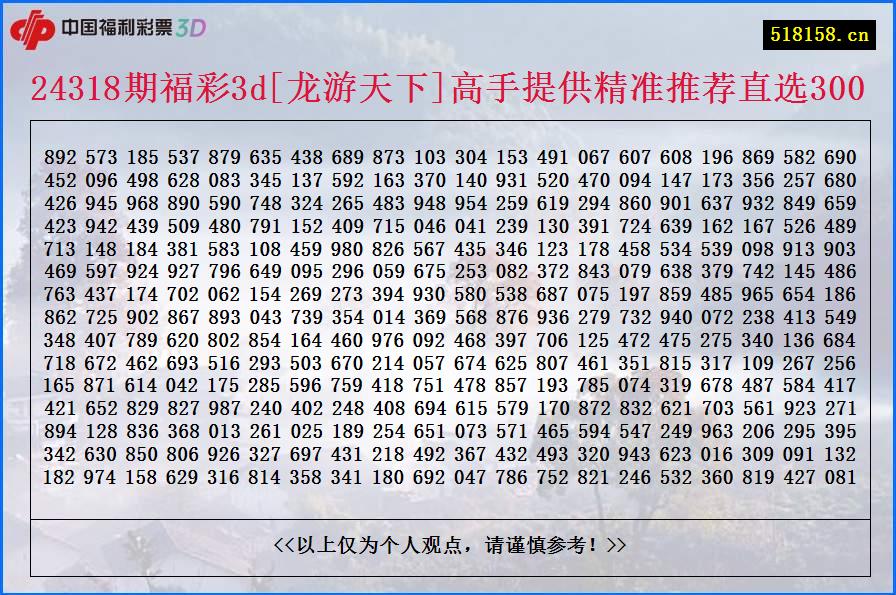 24318期福彩3d[龙游天下]高手提供精准推荐直选300