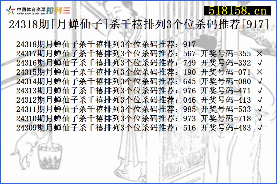 24318期[月蝉仙子]杀千禧排列3个位杀码推荐[917]