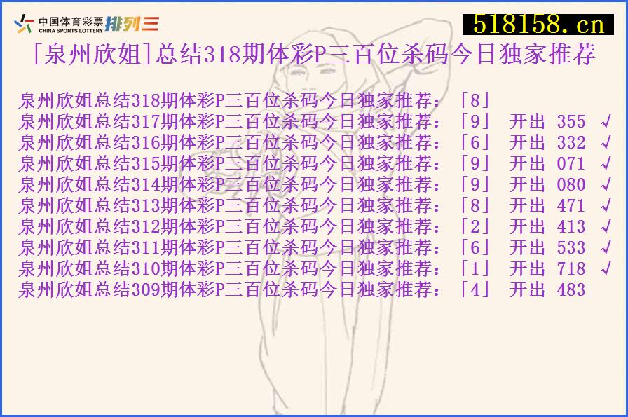 [泉州欣姐]总结318期体彩P三百位杀码今日独家推荐