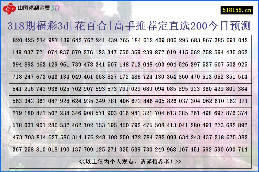 318期福彩3d[花百合]高手推荐定直选200今日预测