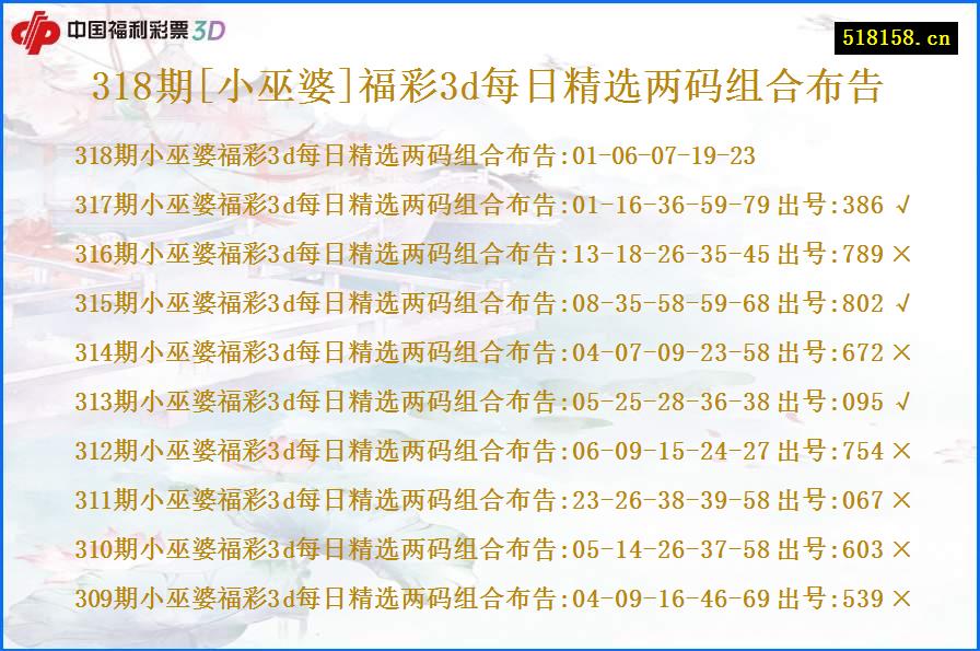 318期[小巫婆]福彩3d每日精选两码组合布告