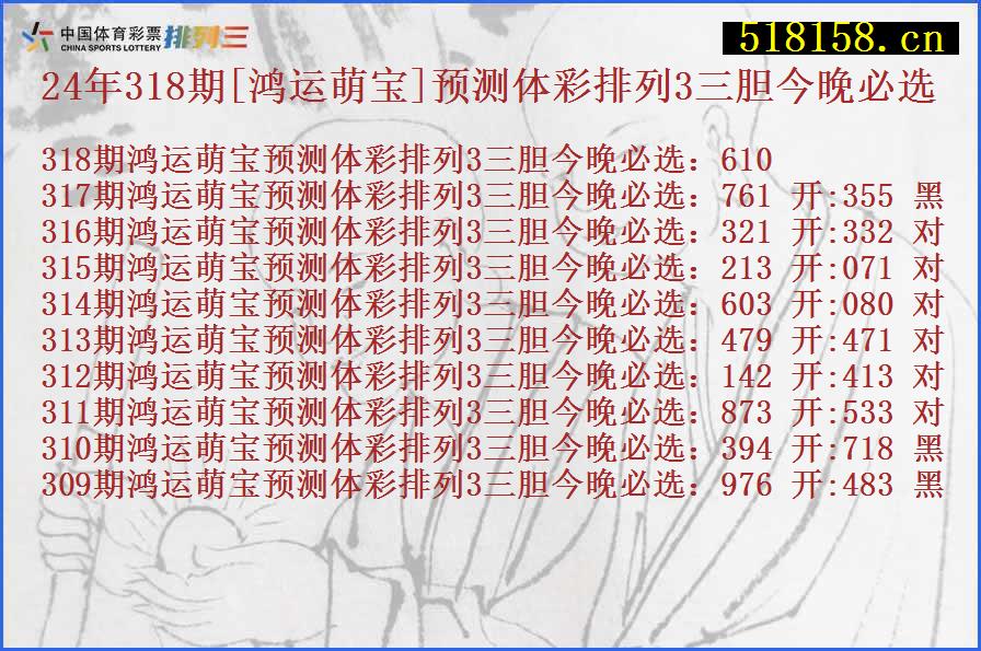 24年318期[鸿运萌宝]预测体彩排列3三胆今晚必选