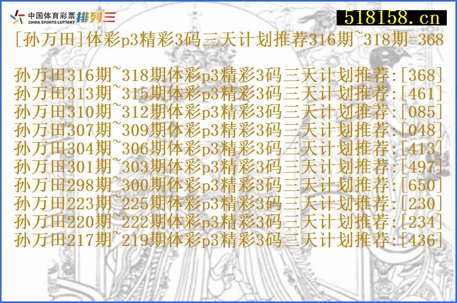 [孙万田]体彩p3精彩3码三天计划推荐316期~318期=368