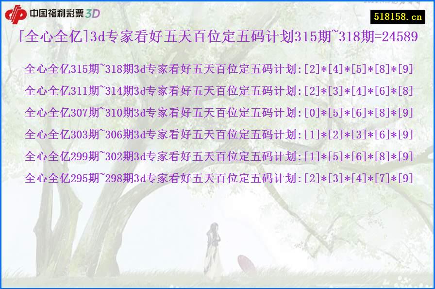 [全心全亿]3d专家看好五天百位定五码计划315期~318期=24589