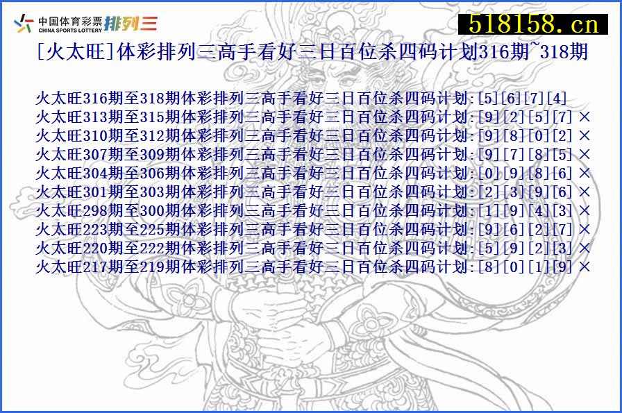 [火太旺]体彩排列三高手看好三日百位杀四码计划316期~318期