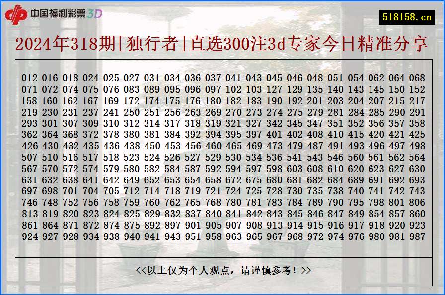 2024年318期[独行者]直选300注3d专家今日精准分享