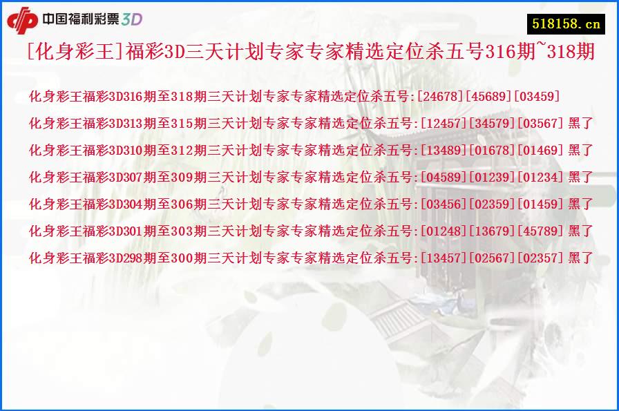 [化身彩王]福彩3D三天计划专家专家精选定位杀五号316期~318期