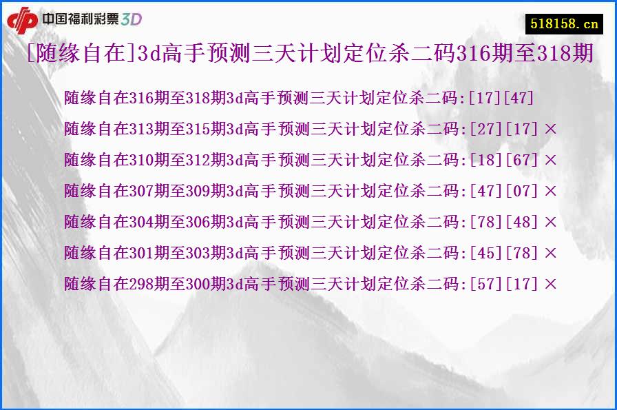 [随缘自在]3d高手预测三天计划定位杀二码316期至318期