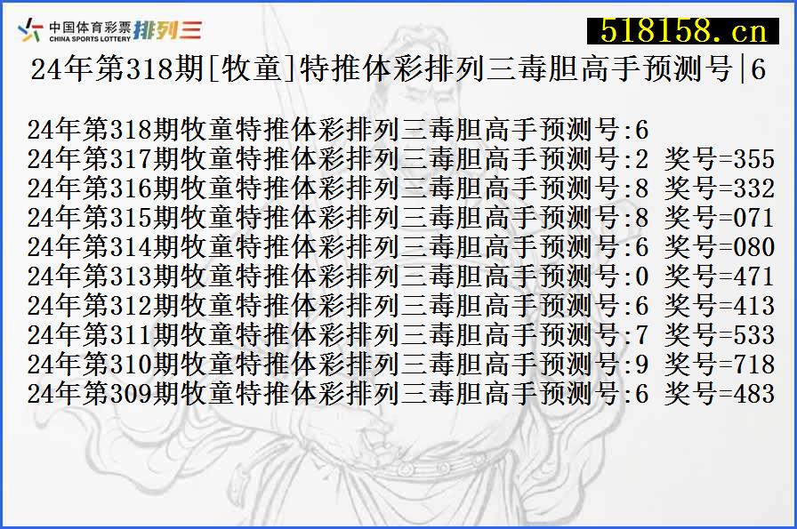 24年第318期[牧童]特推体彩排列三毒胆高手预测号|6