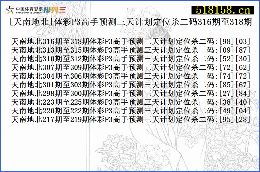 [天南地北]体彩P3高手预测三天计划定位杀二码316期至318期