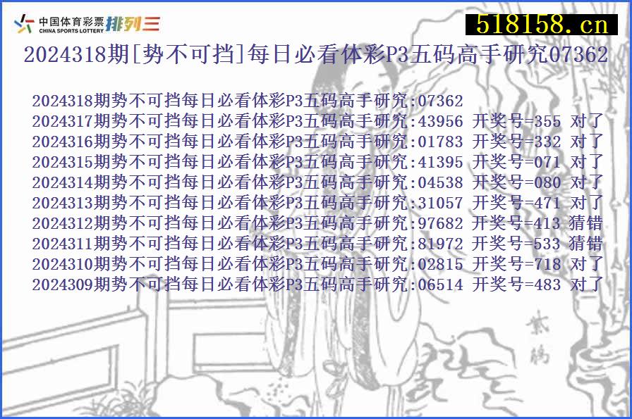 2024318期[势不可挡]每日必看体彩P3五码高手研究07362