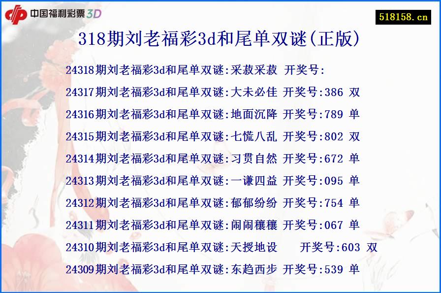 318期刘老福彩3d和尾单双谜(正版)