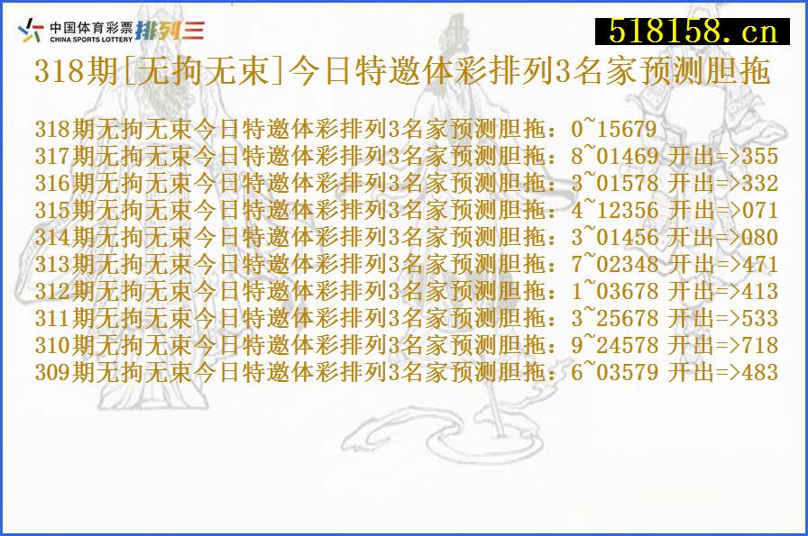 318期[无拘无束]今日特邀体彩排列3名家预测胆拖