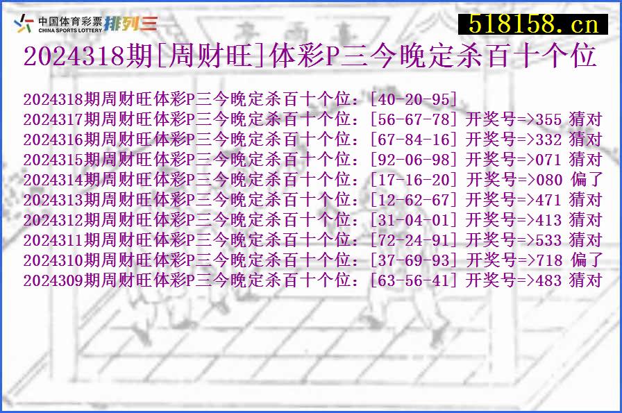 2024318期[周财旺]体彩P三今晚定杀百十个位