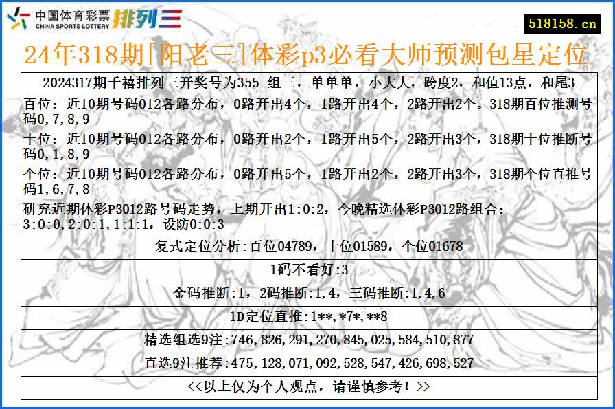 24年318期[阳老三]体彩p3必看大师预测包星定位