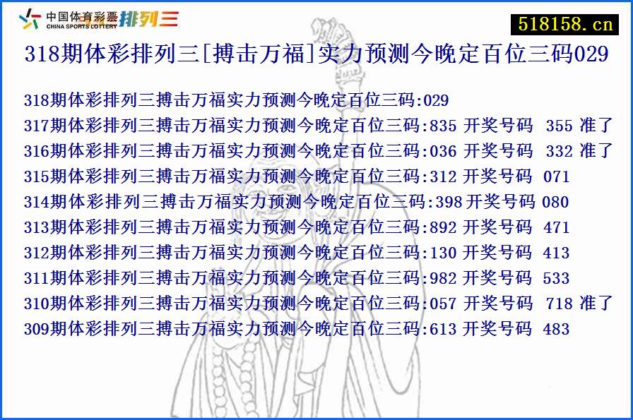 318期体彩排列三[搏击万福]实力预测今晚定百位三码029