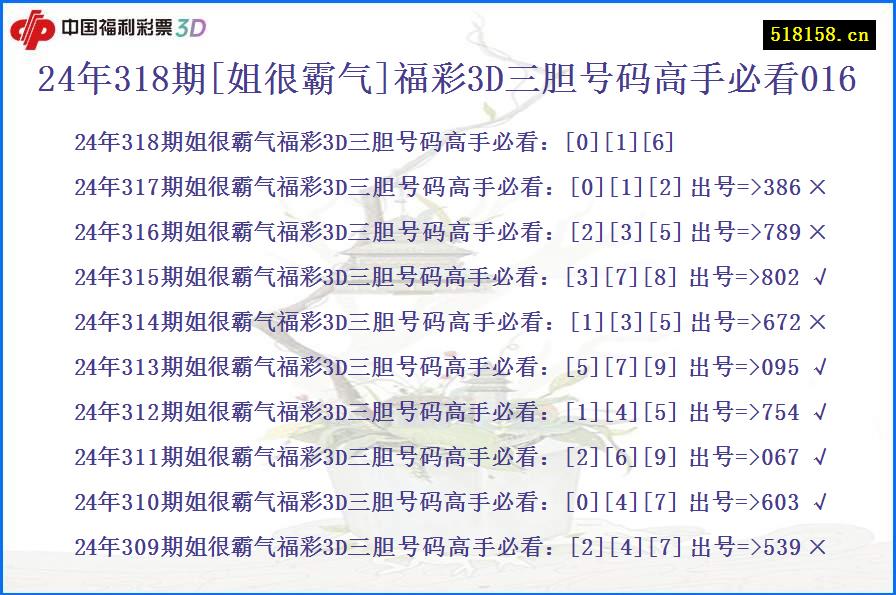 24年318期[姐很霸气]福彩3D三胆号码高手必看016