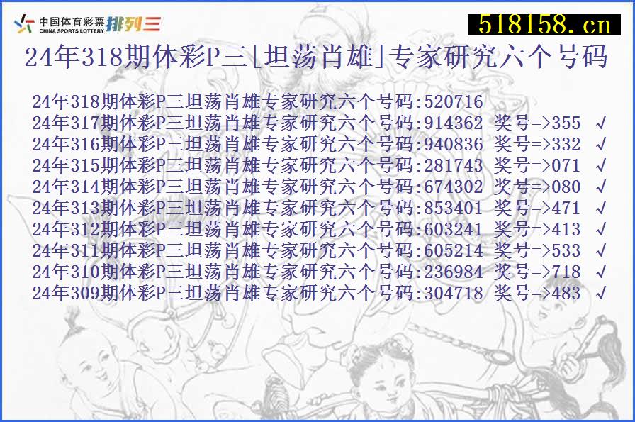 24年318期体彩P三[坦荡肖雄]专家研究六个号码