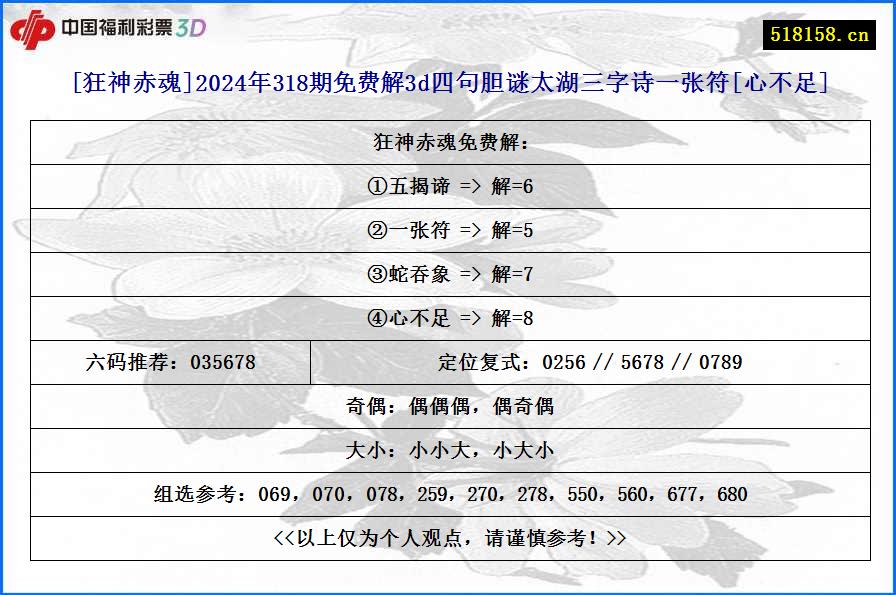 [狂神赤魂]2024年318期免费解3d四句胆谜太湖三字诗一张符[心不足]