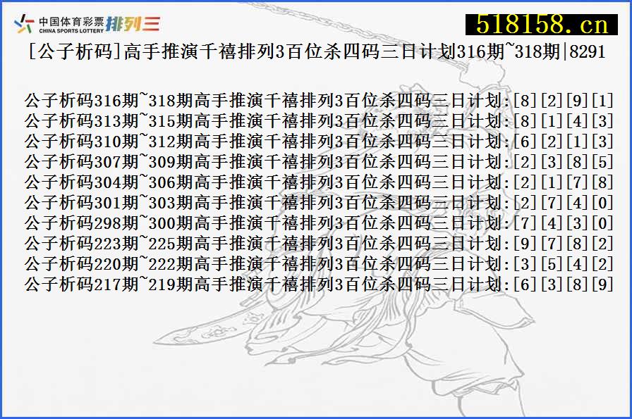 [公子析码]高手推演千禧排列3百位杀四码三日计划316期~318期|8291