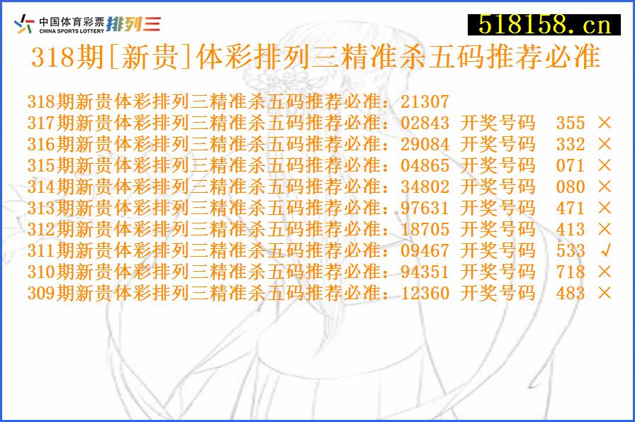 318期[新贵]体彩排列三精准杀五码推荐必准