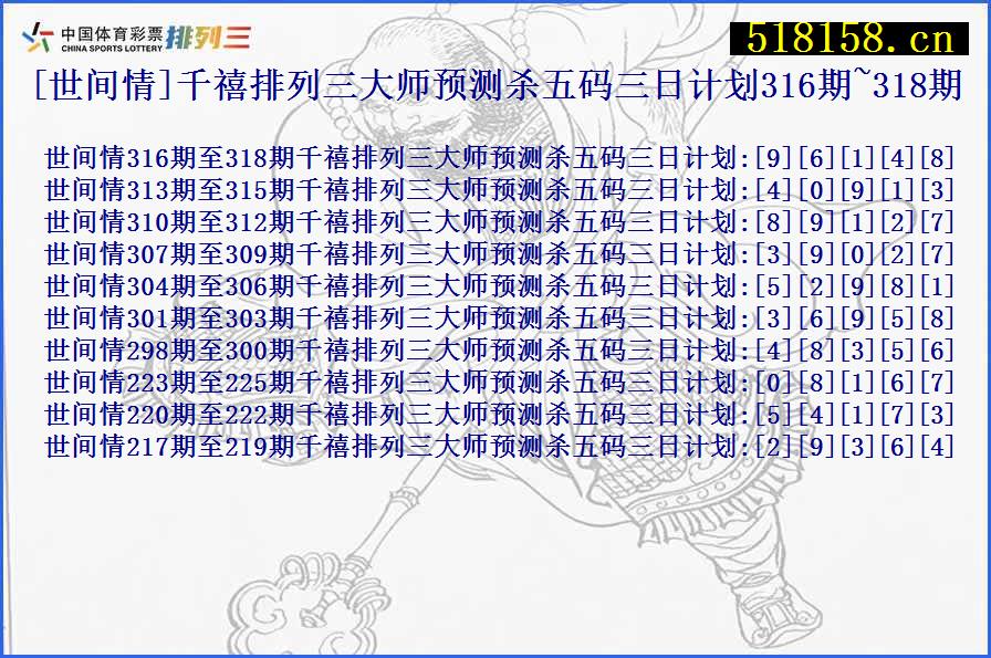 [世间情]千禧排列三大师预测杀五码三日计划316期~318期