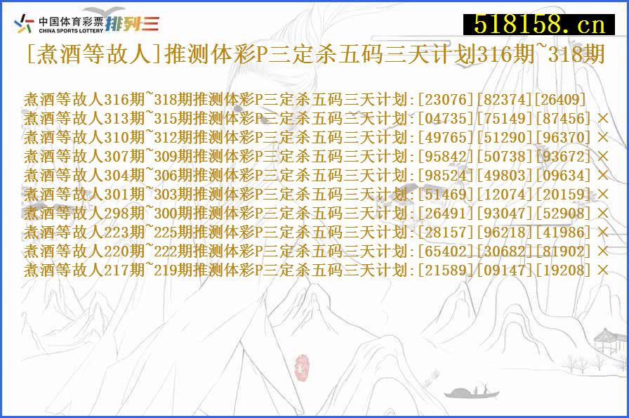 [煮酒等故人]推测体彩P三定杀五码三天计划316期~318期