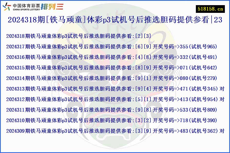 2024318期[铁马顽童]体彩p3试机号后推选胆码提供参看|23