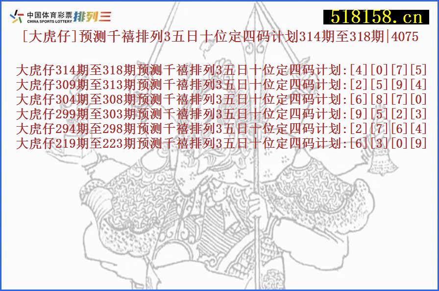 [大虎仔]预测千禧排列3五日十位定四码计划314期至318期|4075