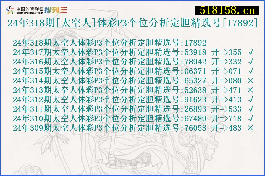 24年318期[太空人]体彩P3个位分析定胆精选号[17892]