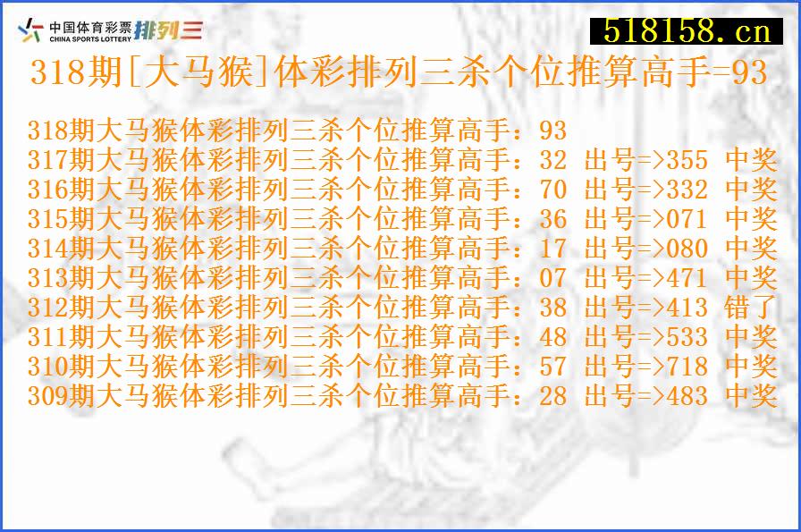 318期[大马猴]体彩排列三杀个位推算高手=93