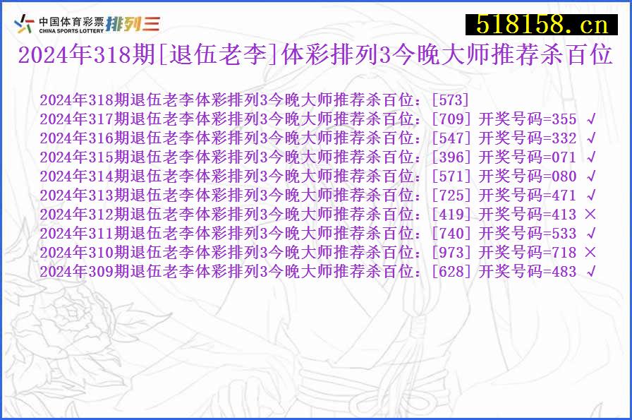 2024年318期[退伍老李]体彩排列3今晚大师推荐杀百位